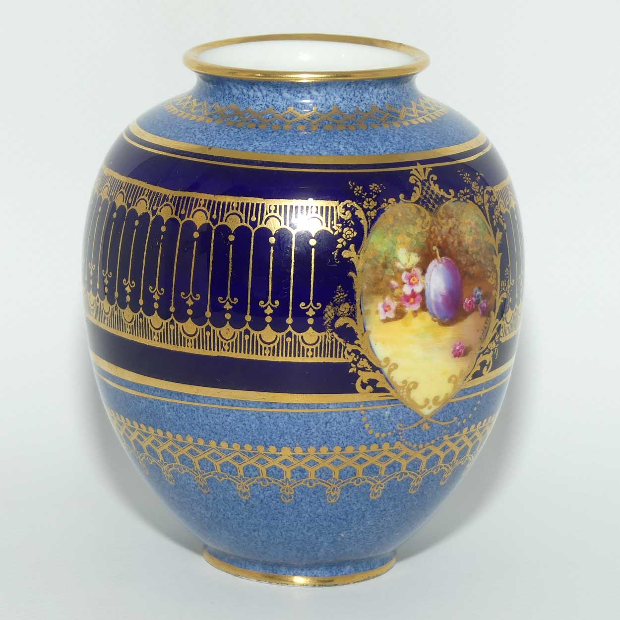 Royal Doulton hand painted Fruit cartouche vase | Blue Bands and Gilt