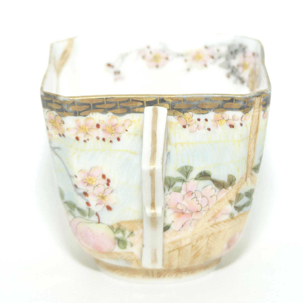 Finely decorated Japanese Kutani Ware square cup and saucer | Spider Web design | Taisho period