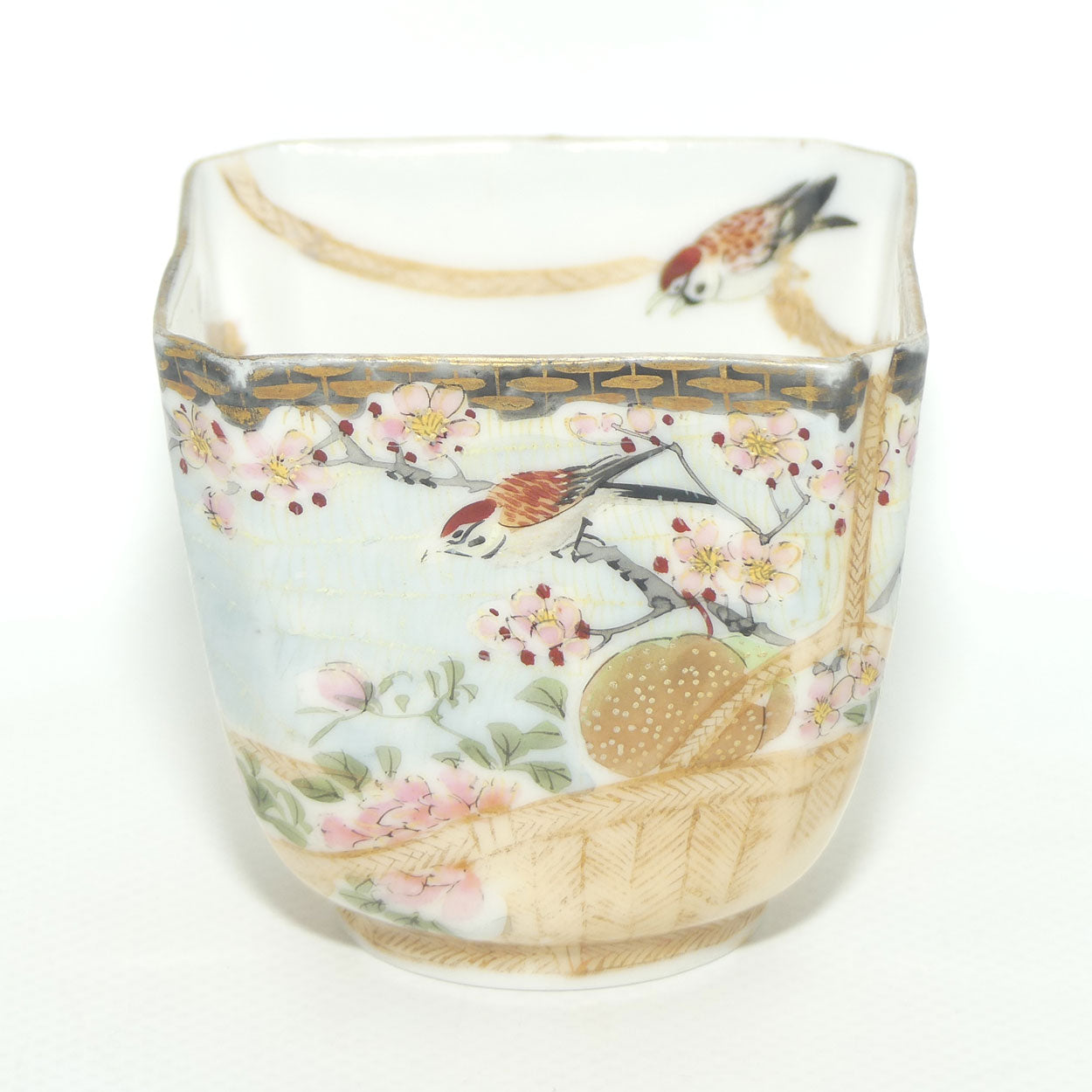 Finely decorated Japanese Kutani Ware square cup and saucer | Spider Web design | Taisho period