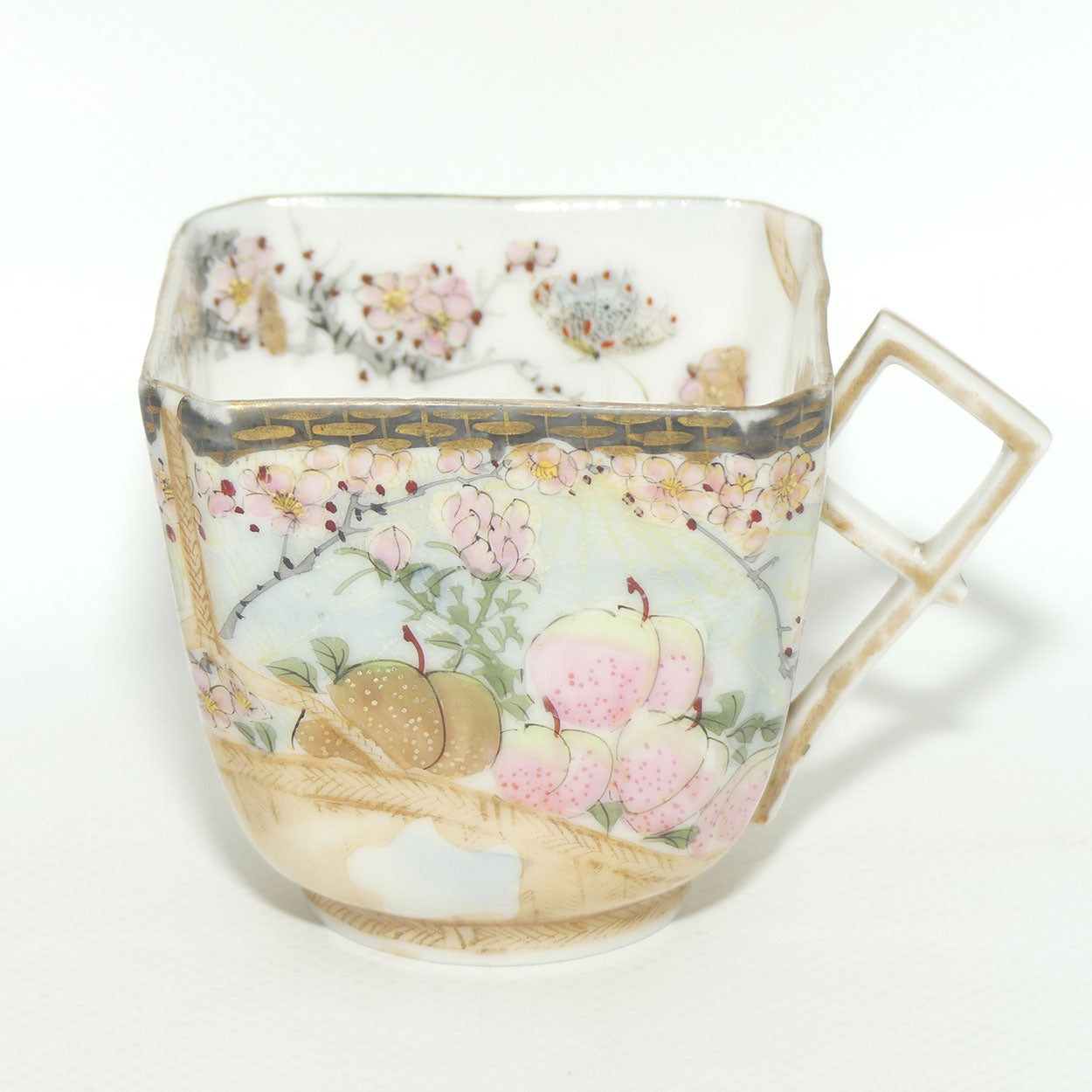 Finely decorated Japanese Kutani Ware square cup and saucer | Spider Web design | Taisho period