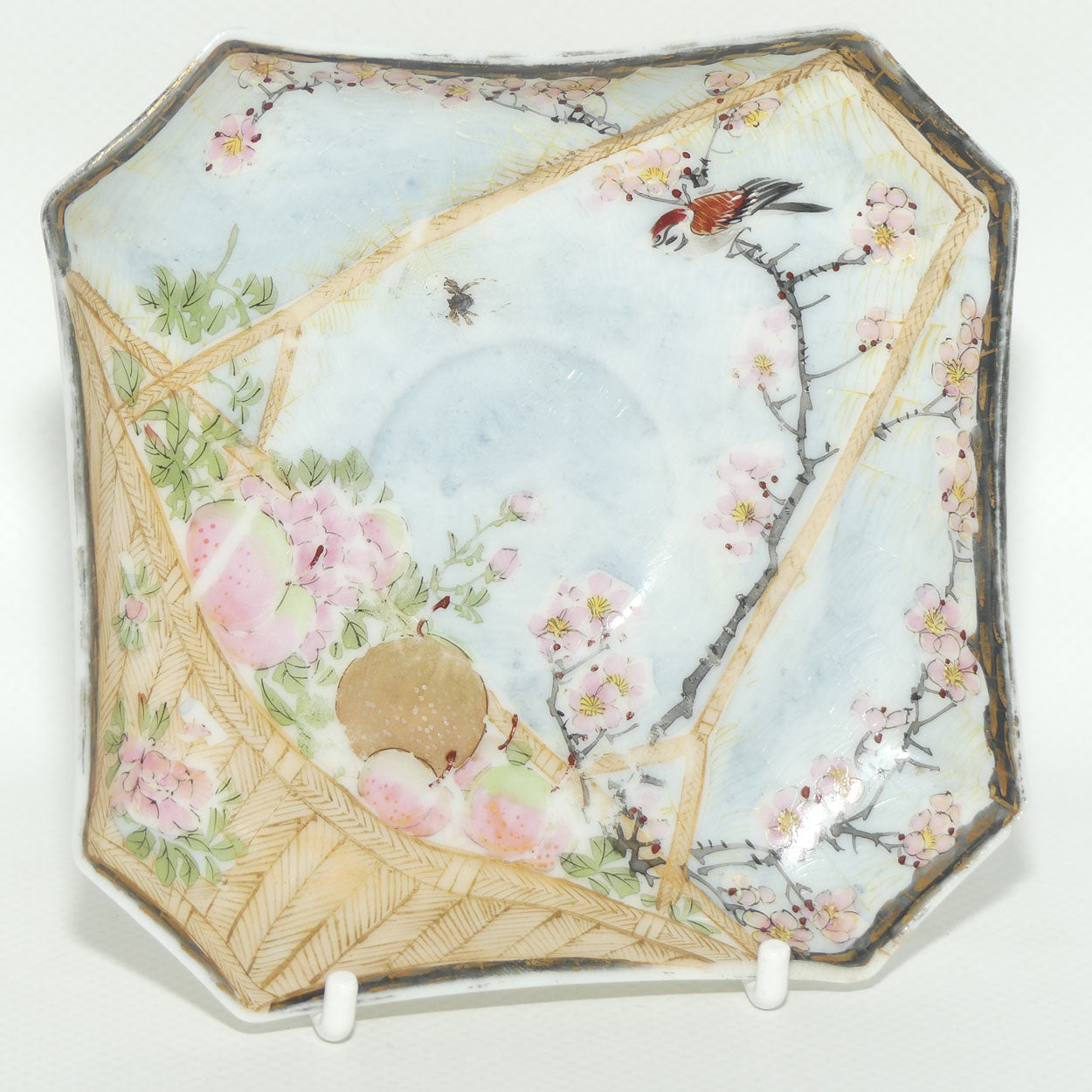 Finely decorated Japanese Kutani Ware square cup and saucer | Spider Web design | Taisho period