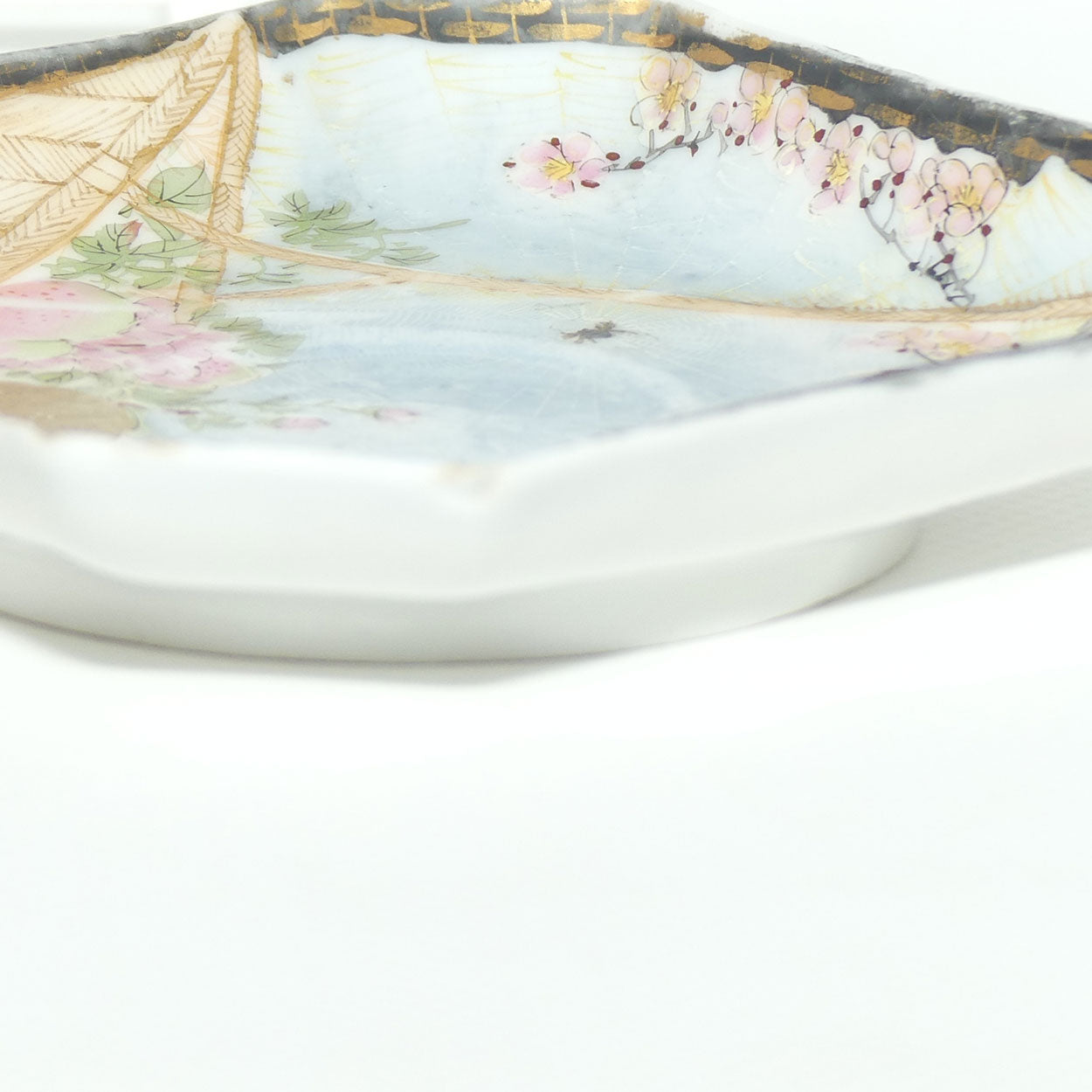 Finely decorated Japanese Kutani Ware square cup and saucer | Spider Web design | Taisho period