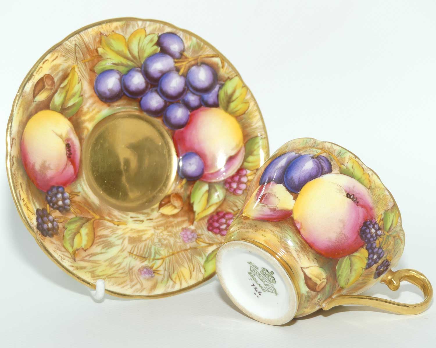 Aynsley Orchard Gold with gilt interior demi tasse duo | signed Brunt