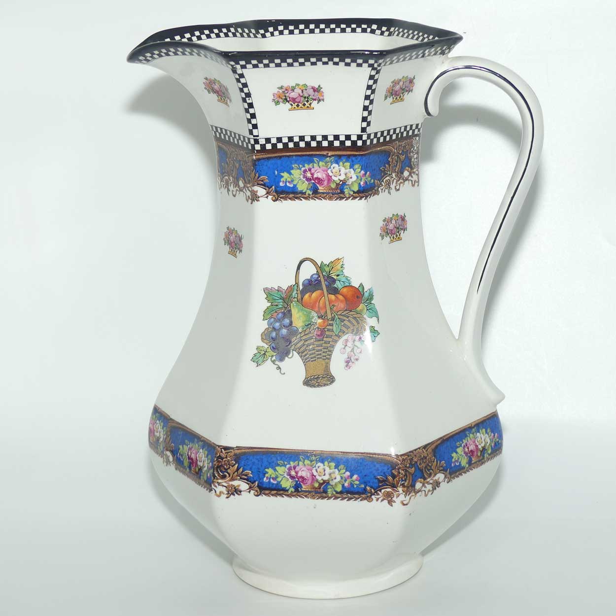 H & K Tunstall Fruit and Flowers decorated tall wash jug | Check border