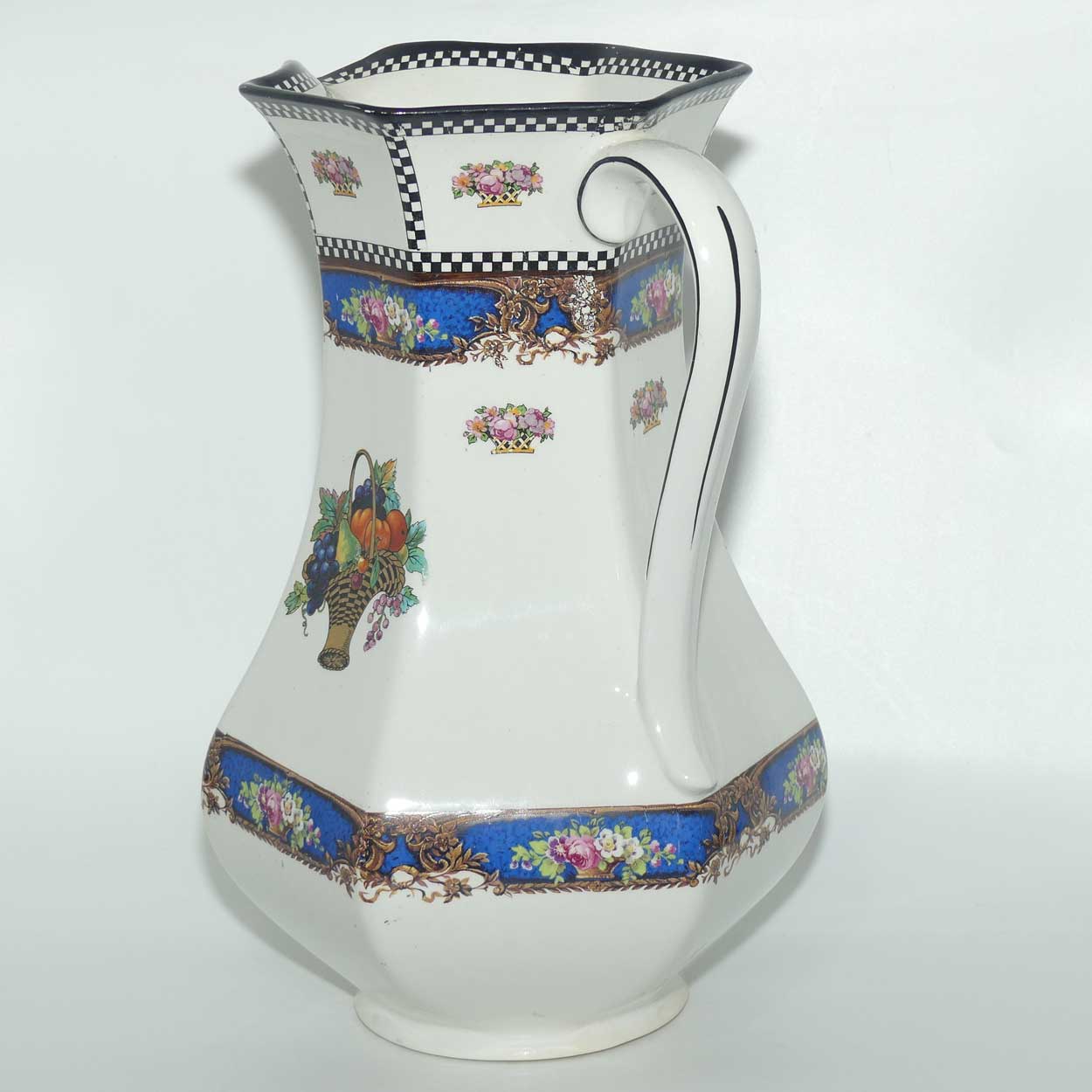 H & K Tunstall Fruit and Flowers decorated tall wash jug | Check border