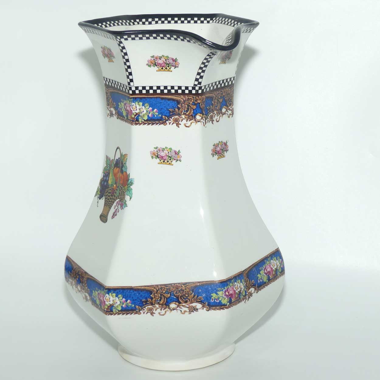H & K Tunstall Fruit and Flowers decorated tall wash jug | Check border
