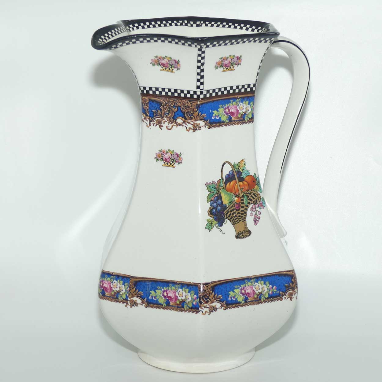 H & K Tunstall Fruit and Flowers decorated tall wash jug | Check border