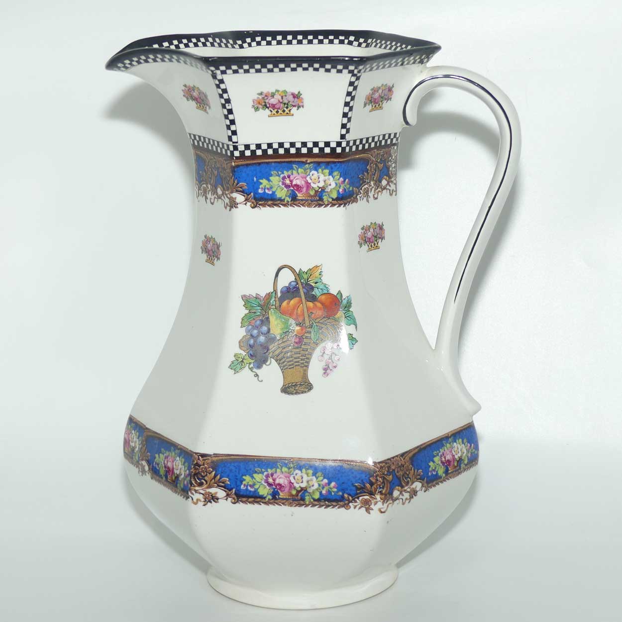 H & K Tunstall Fruit and Flowers decorated tall wash jug | Check border