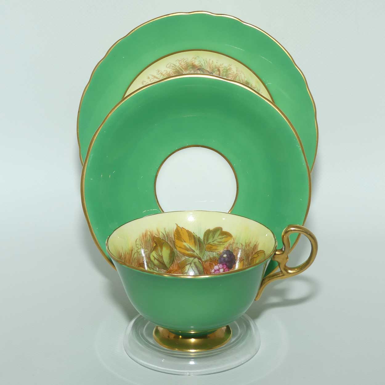 Aynsley Fruit trio by D Jones | Cup interior decorated | Green trim