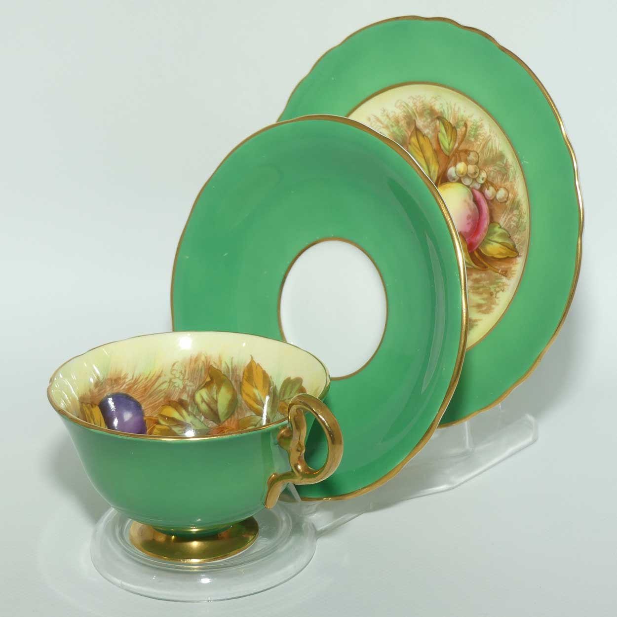 Aynsley Fruit trio by D Jones | Cup interior decorated | Green trim