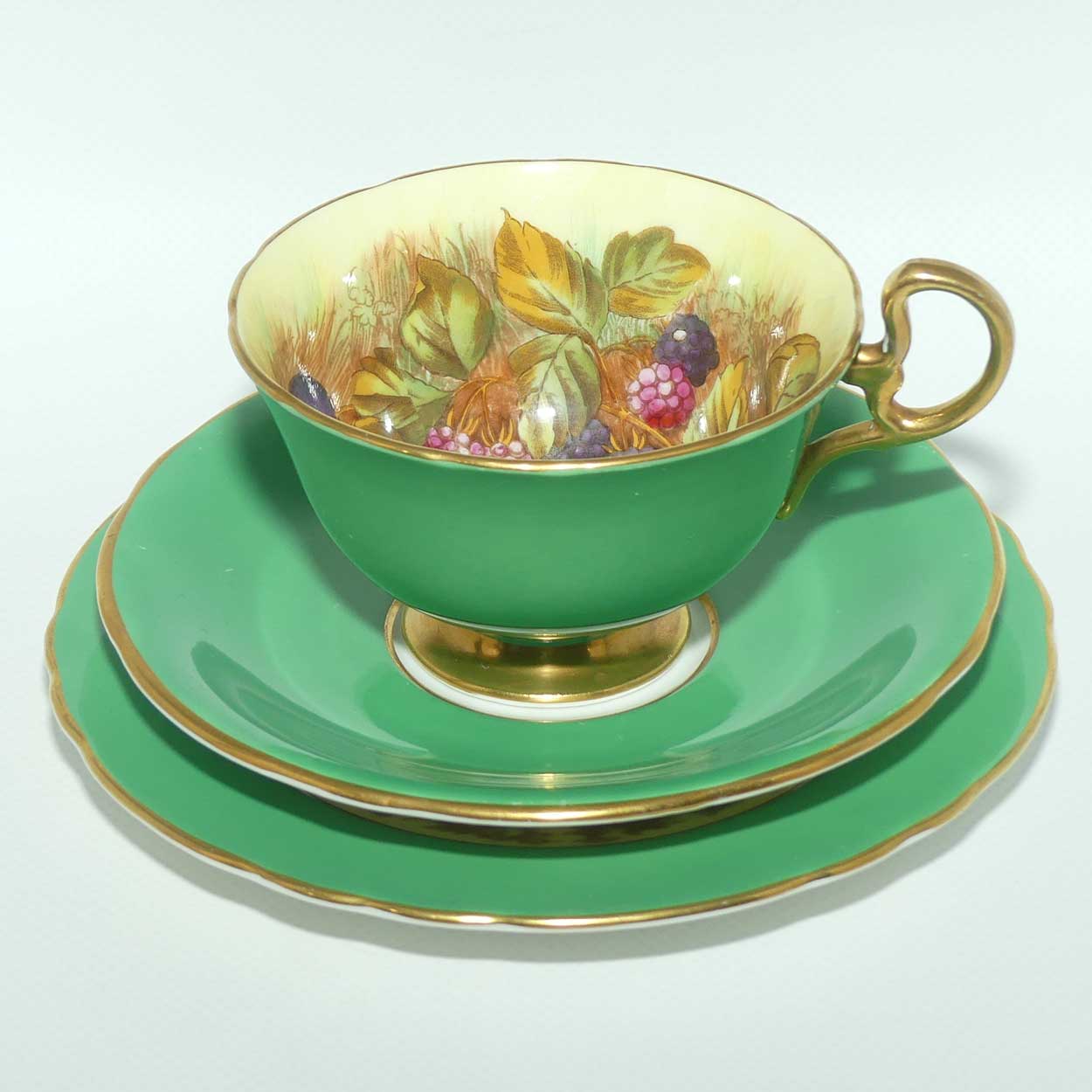 Aynsley Fruit trio by D Jones | Cup interior decorated | Green trim