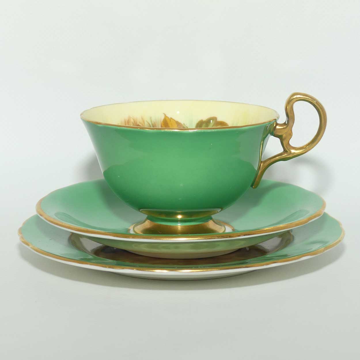 Aynsley Fruit trio by D Jones | Cup interior decorated | Green trim