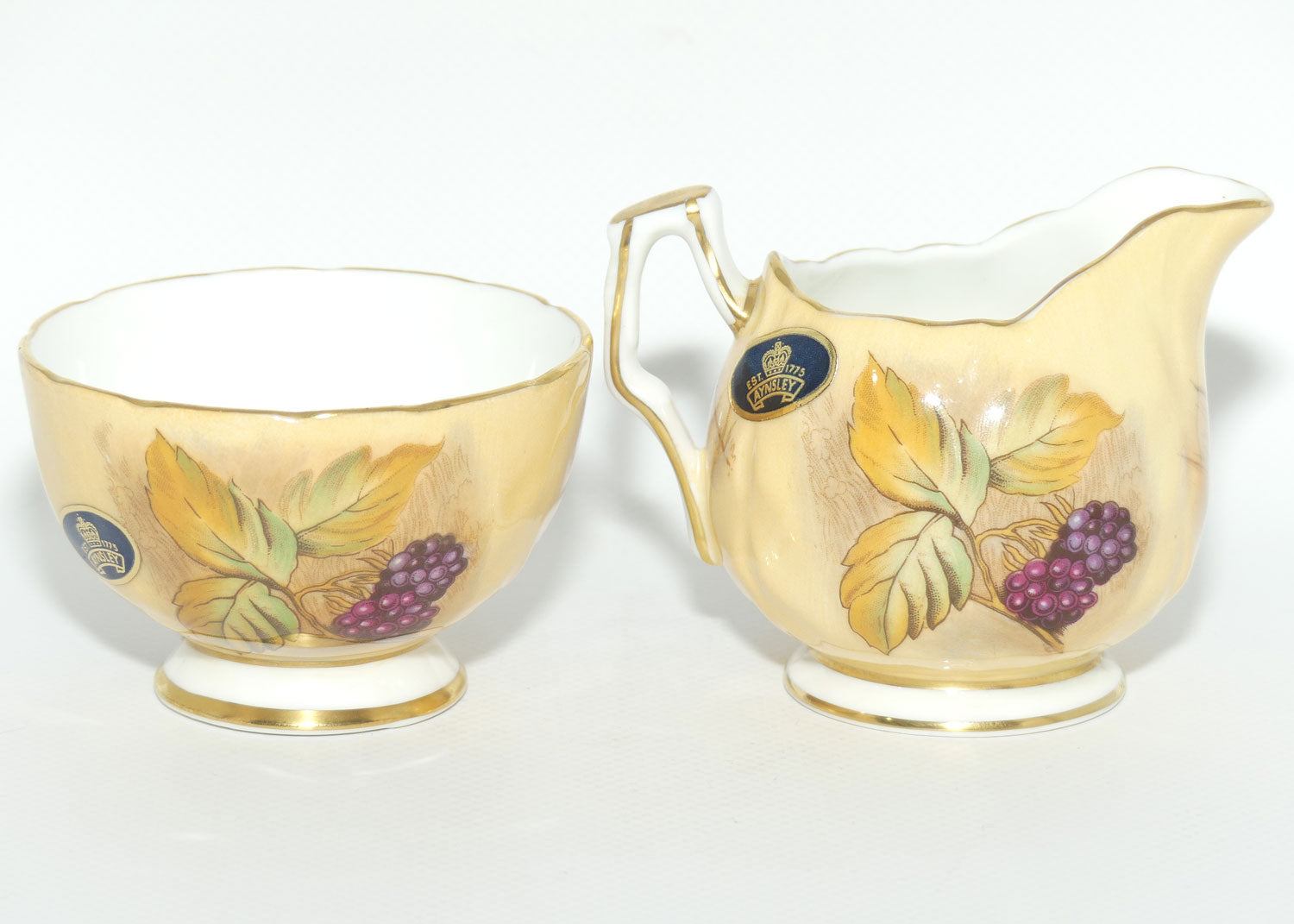 Aynsley Fruit Orchard Gold sugar and creamer | Coffee size | signed N Brunt | original label