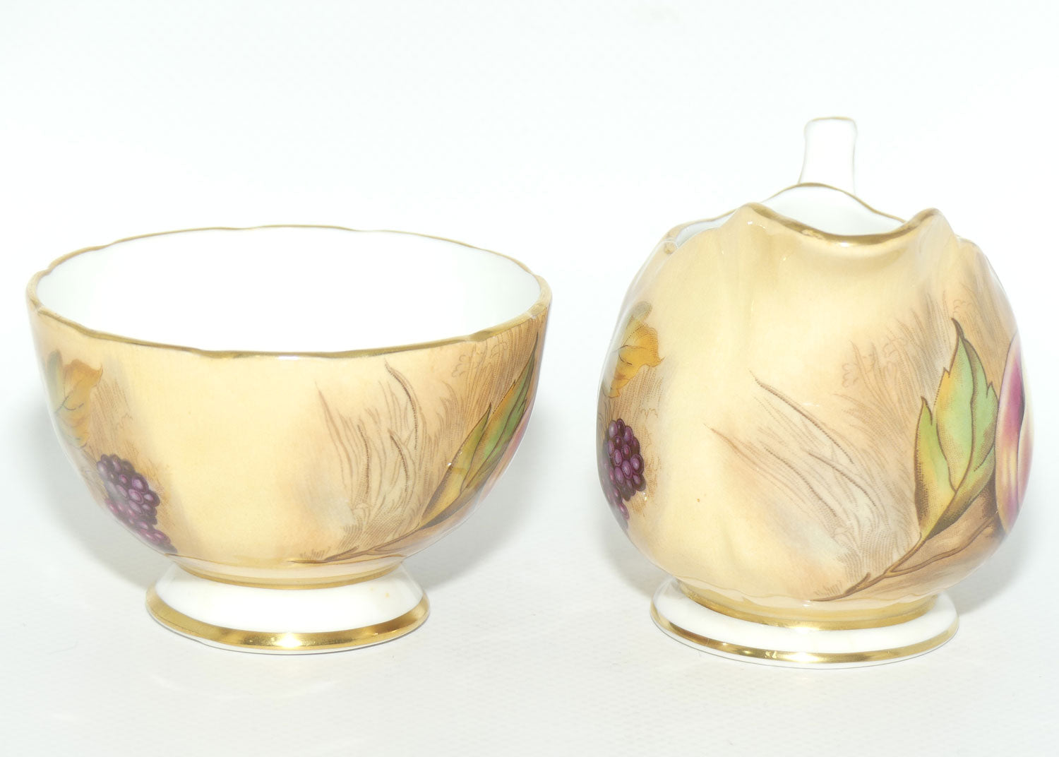 Aynsley Fruit Orchard Gold sugar and creamer | Coffee size | signed N Brunt | original label