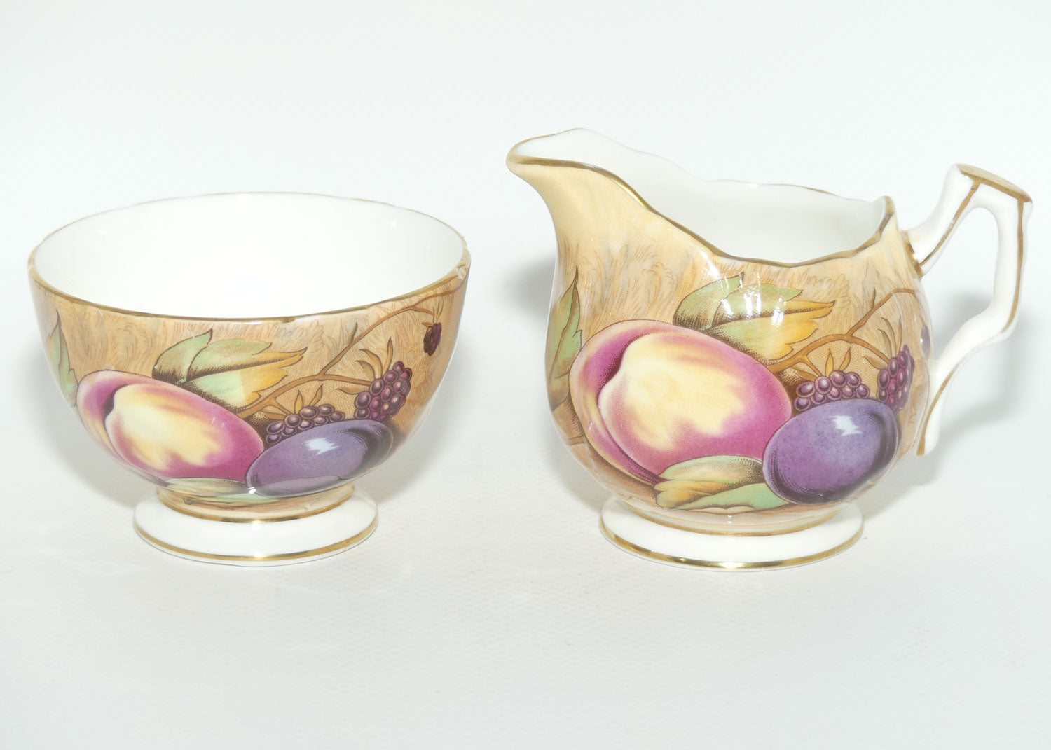 Aynsley Fruit Orchard Gold sugar and creamer | Coffee size | signed N Brunt