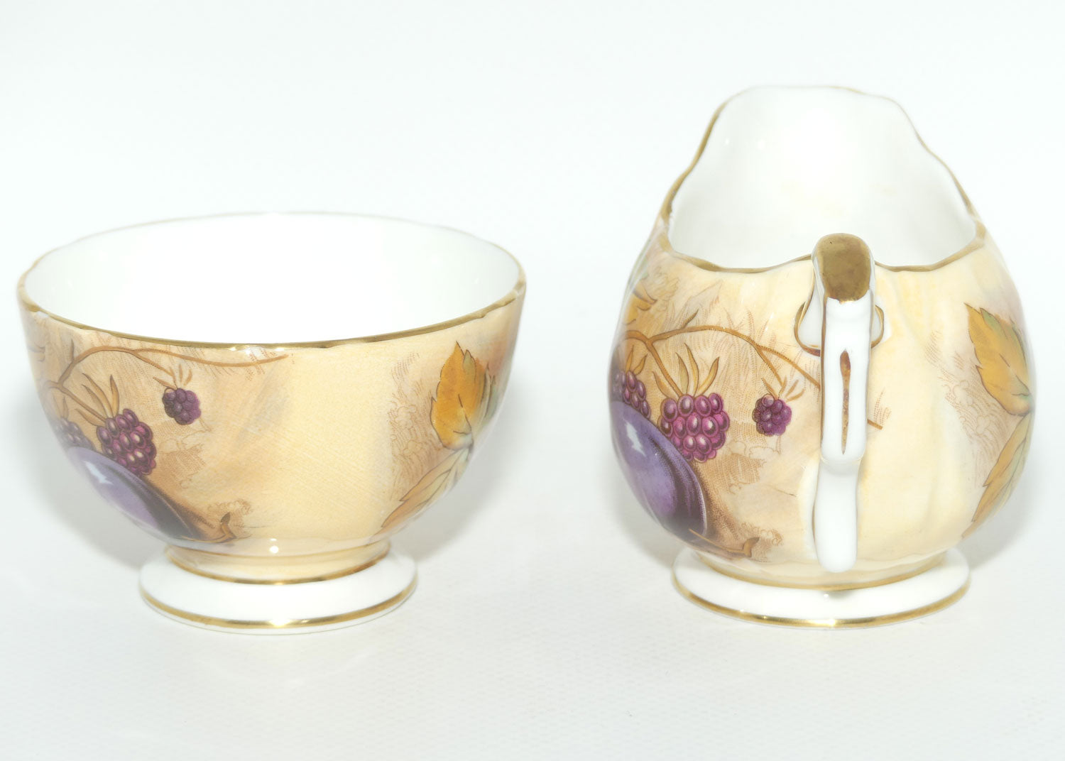 Aynsley Fruit Orchard Gold sugar and creamer | Coffee size | signed N Brunt