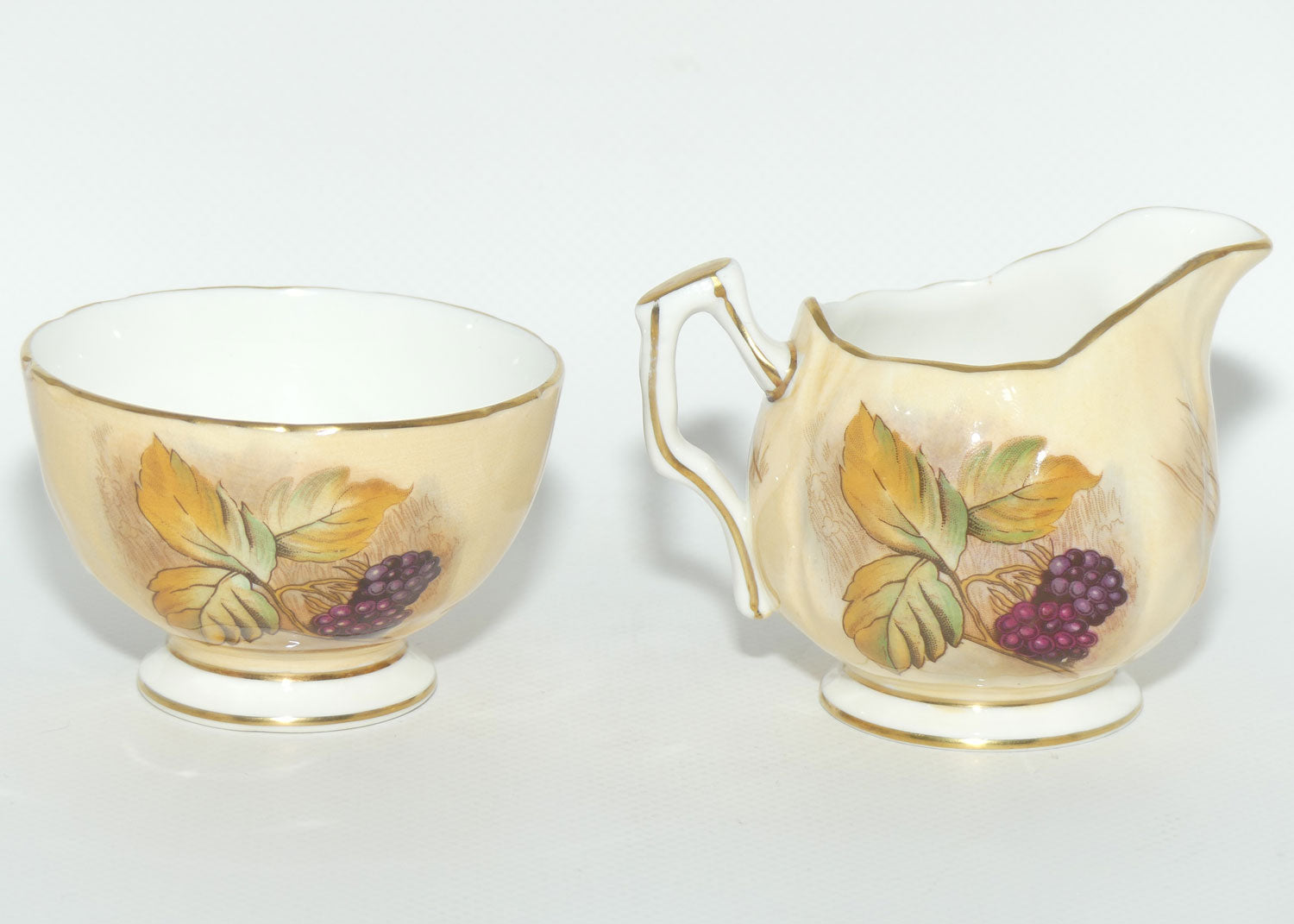 Aynsley Fruit Orchard Gold sugar and creamer | Coffee size | signed N Brunt