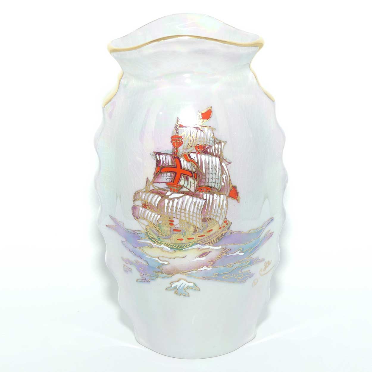 Crown Devon Fieldings Lustre Grey Galleon design vase | signed D Cole | 15.5cms