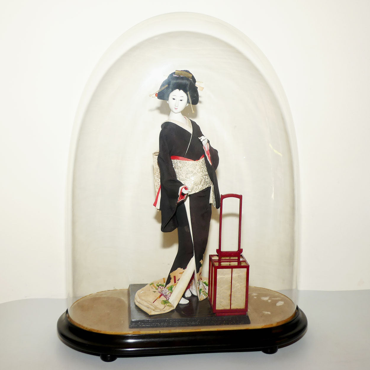 Large Japanese Papier Mache Geisha Doll in full costume in Glass Dome