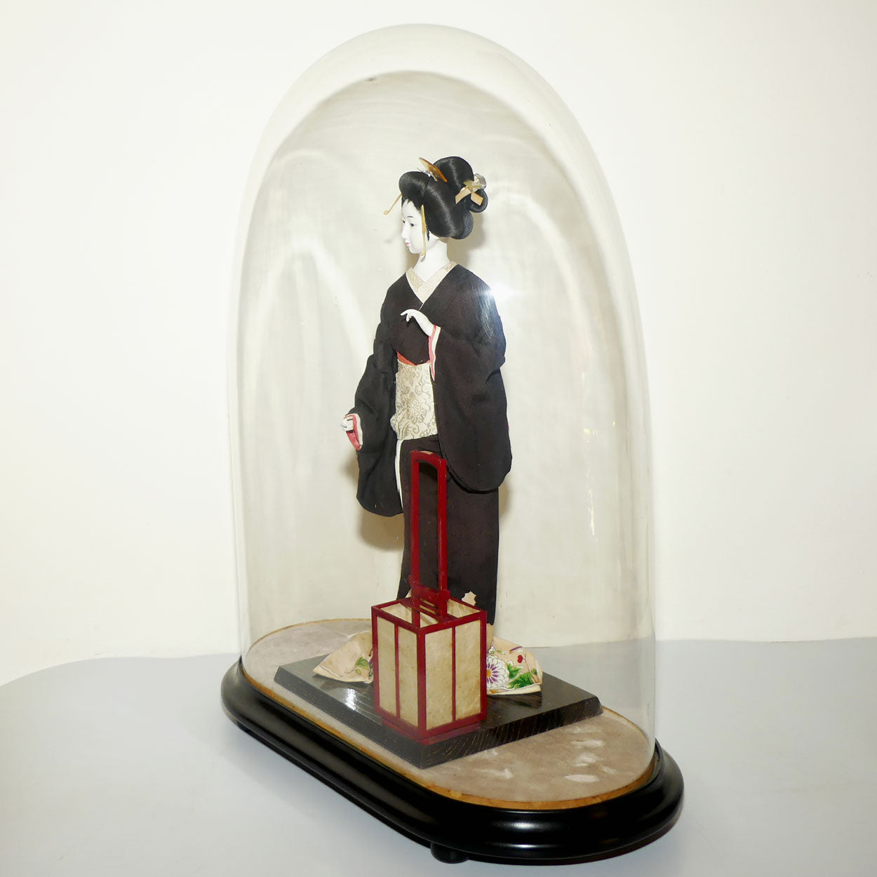 Large Japanese Papier Mache Geisha Doll in full costume in Glass Dome