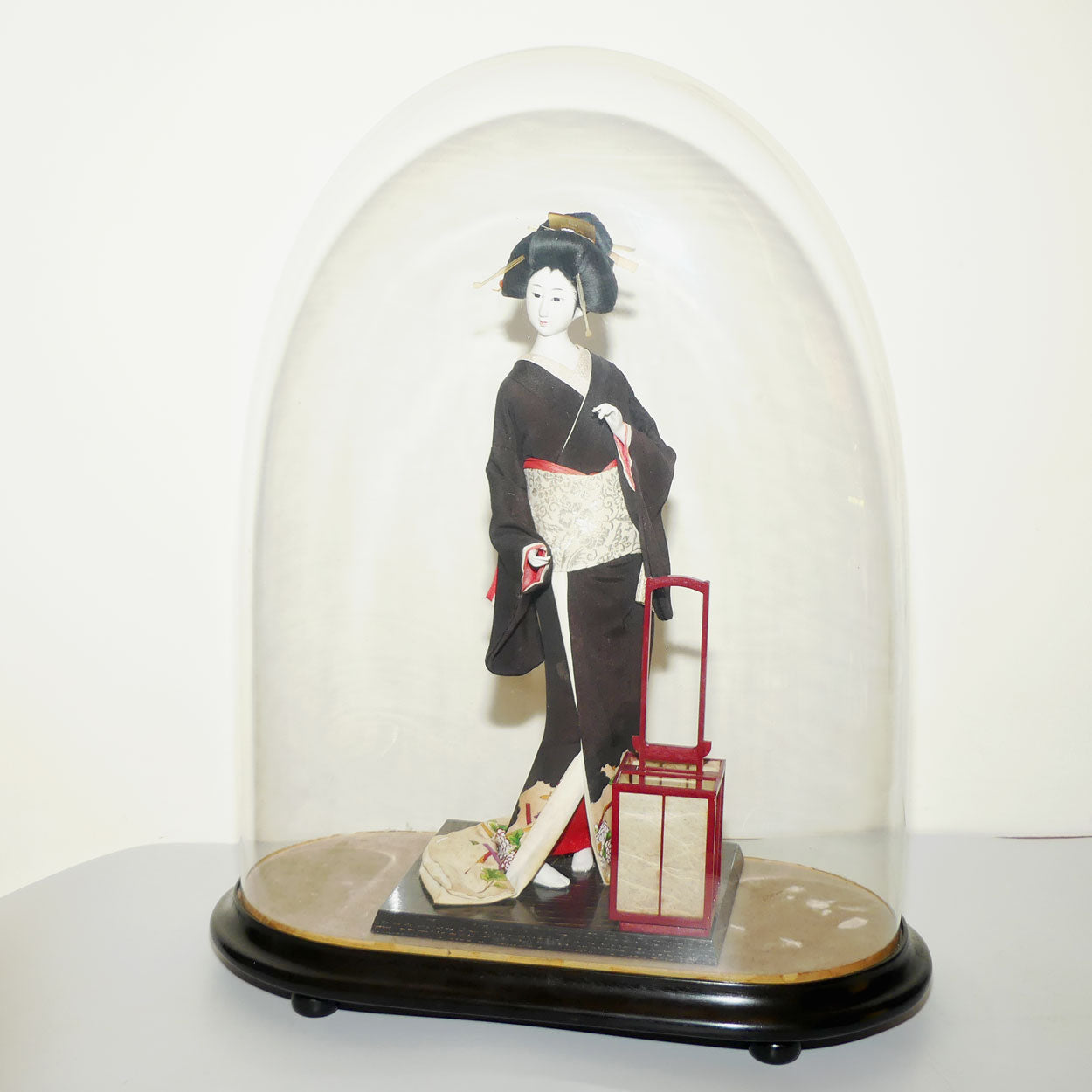 Large Japanese Papier Mache Geisha Doll in full costume in Glass Dome