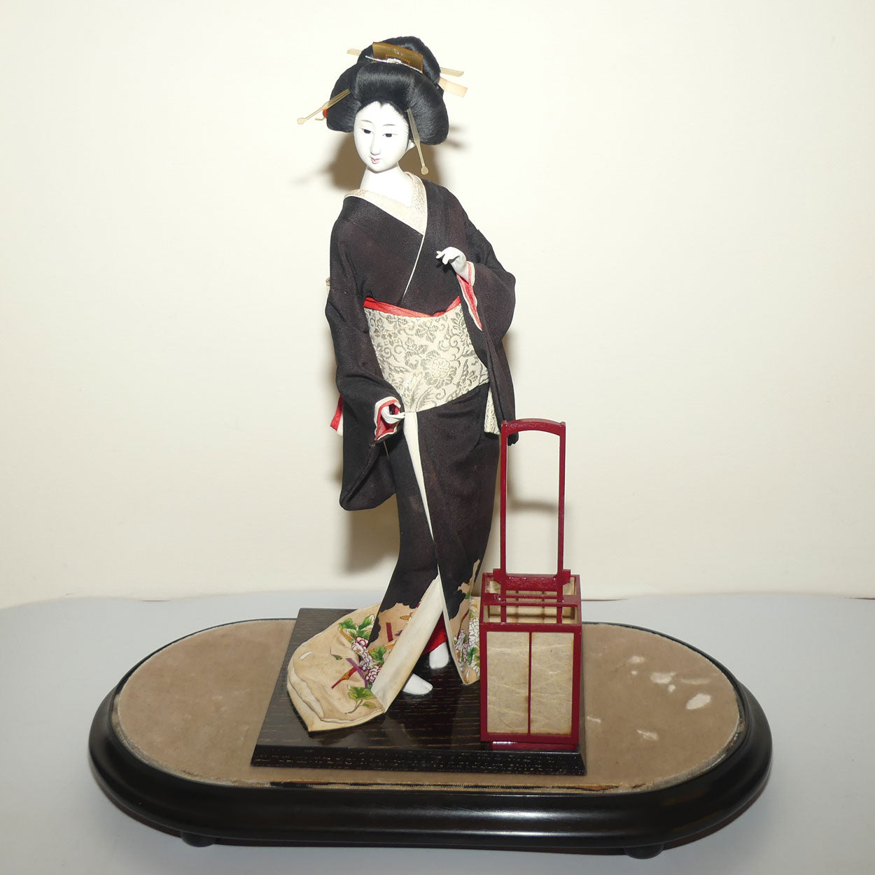 Large Japanese Papier Mache Geisha Doll in full costume in Glass Dome