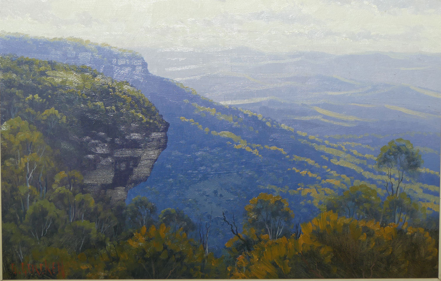 Original Oil on Board | Framed | Afternoon Light across the Megalong Hills from Wells Ledge, Blackheath NSW | Graham Gercken