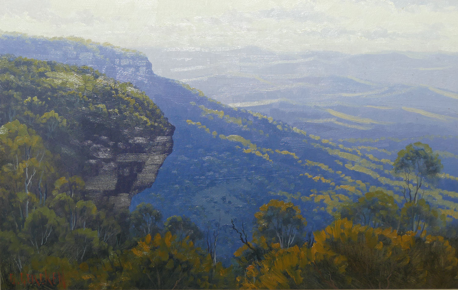 Original Oil on Board | Framed | Afternoon Light across the Megalong Hills from Wells Ledge, Blackheath NSW | Graham Gercken