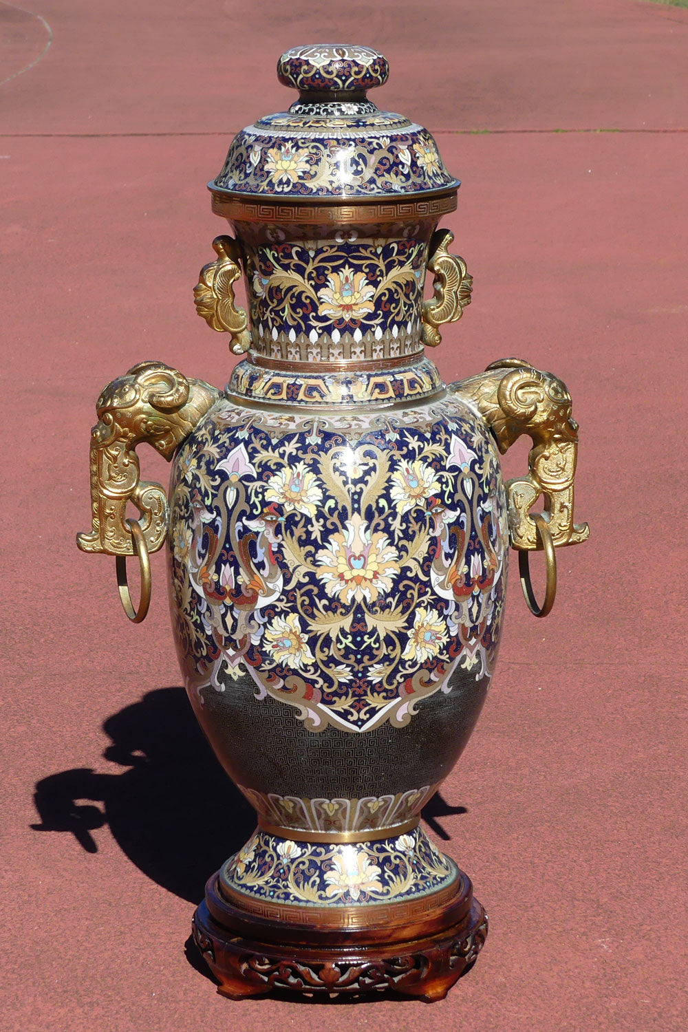 20th Century Chinese Cloisonne Gilt Bronze lidded urn with Elephant Handles | Royal Blue | 70cm tall