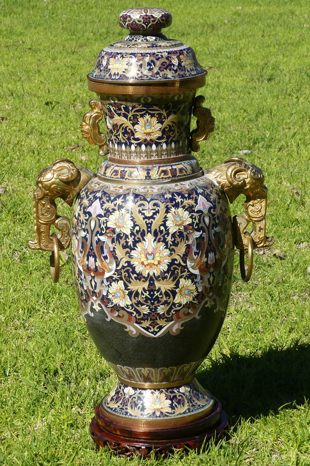 20th Century Chinese Cloisonne Gilt Bronze lidded urn with Elephant Handles | Royal Blue | 70cm tall