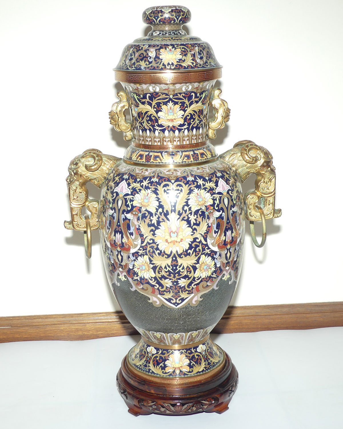 20th Century Chinese Cloisonne Gilt Bronze lidded urn with Elephant Handles | Royal Blue | 70cm tall