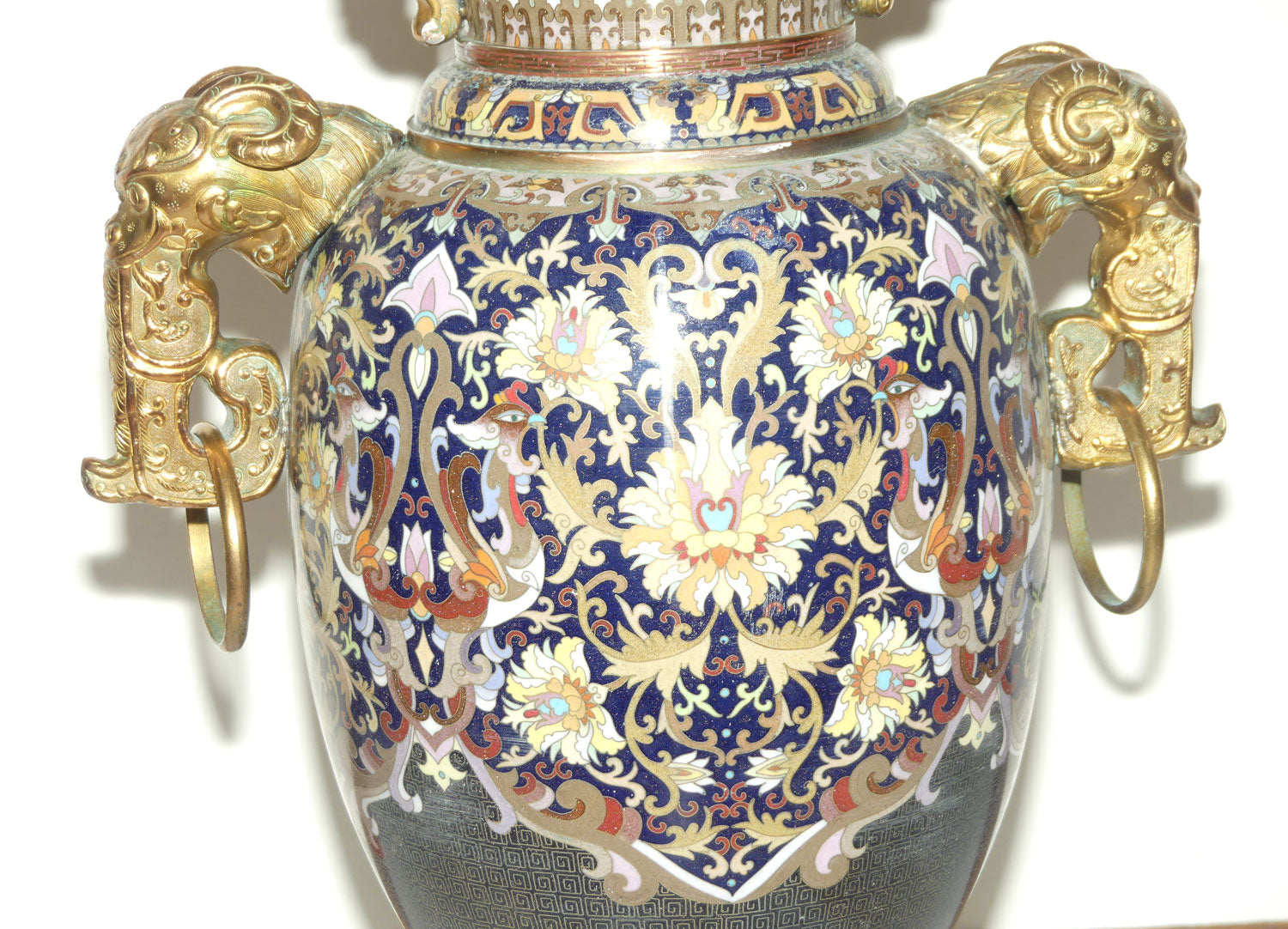 20th Century Chinese Cloisonne Gilt Bronze lidded urn with Elephant Handles | Royal Blue | 70cm tall