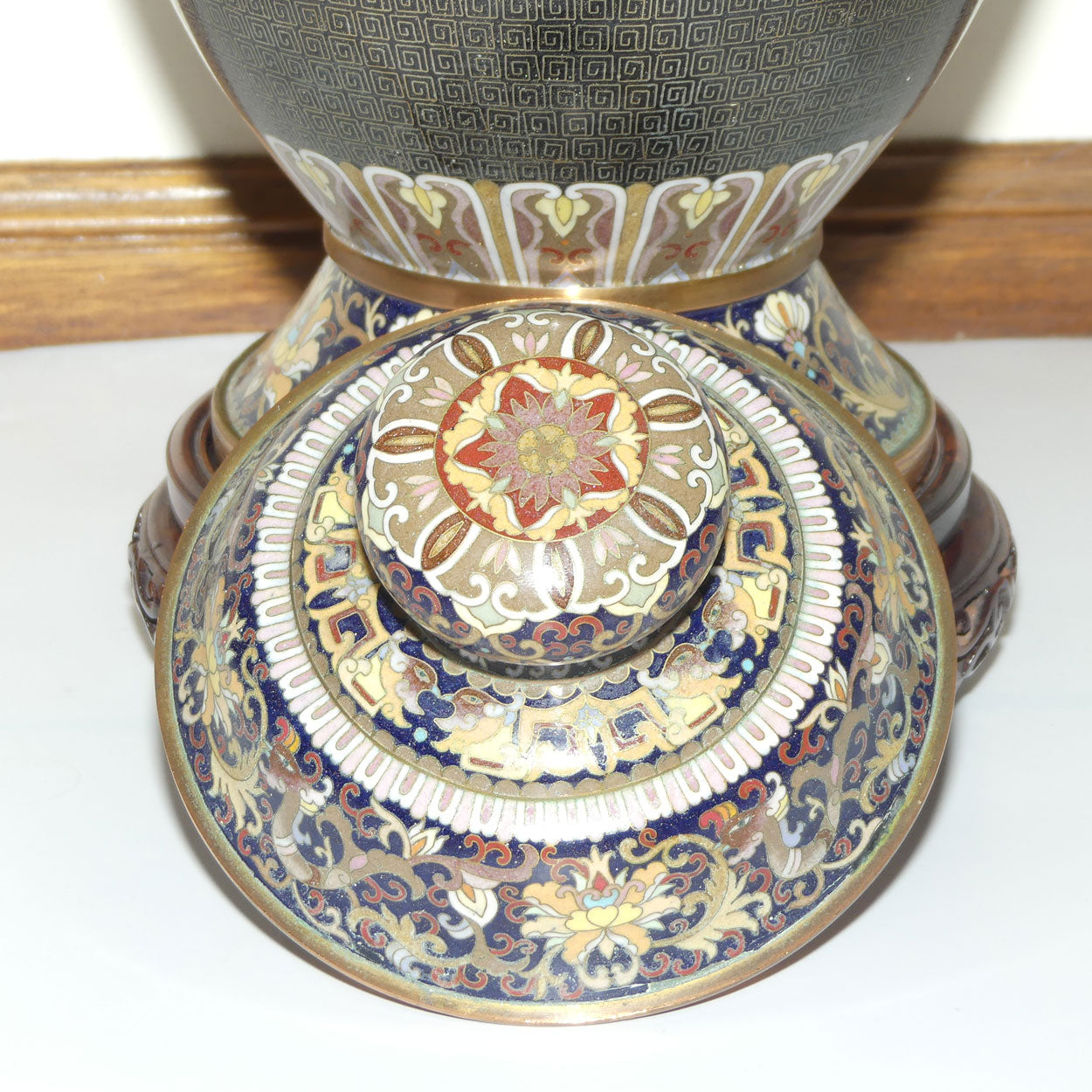 20th Century Chinese Cloisonne Gilt Bronze lidded urn with Elephant Handles | Royal Blue | 70cm tall