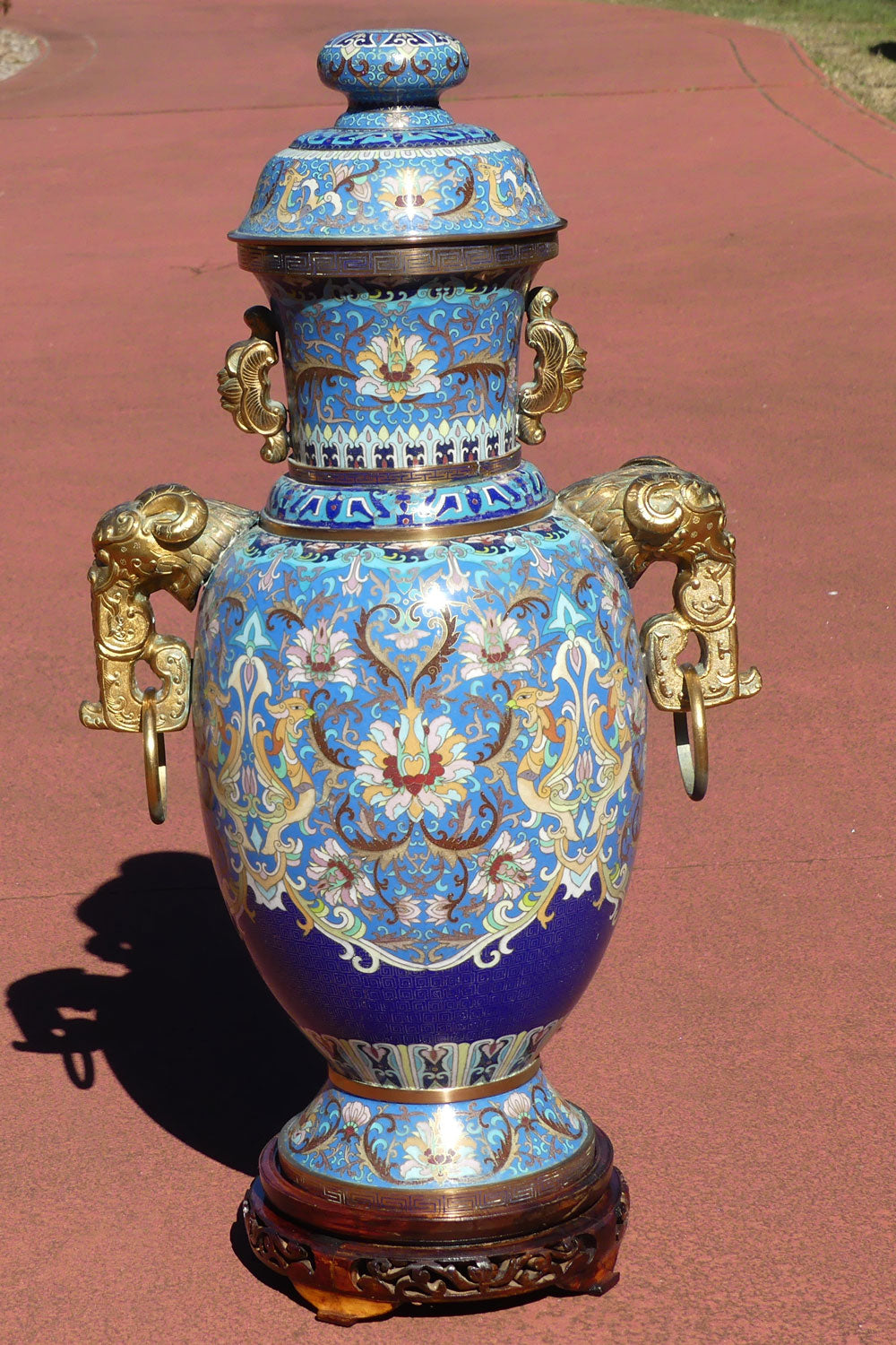 20th Century Chinese Cloisonne Gilt Bronze lidded urn with Elephant Handles | Sky Blue | 70cm tall