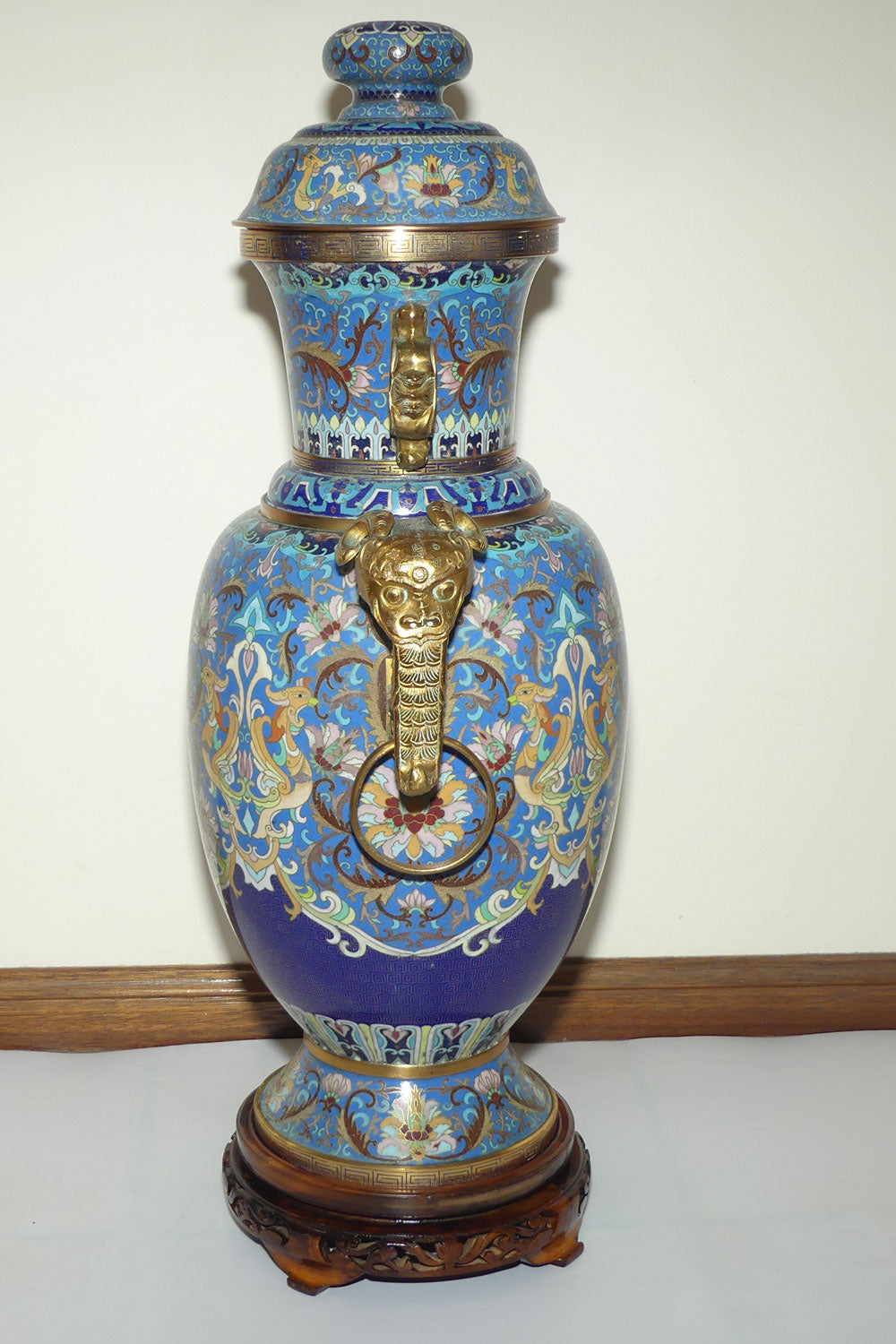 20th Century Chinese Cloisonne Gilt Bronze lidded urn with Elephant Handles | Sky Blue | 70cm tall