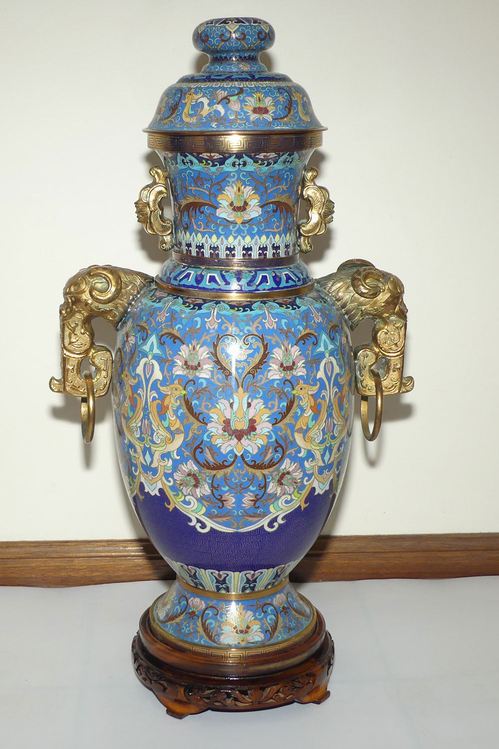20th Century Chinese Cloisonne Gilt Bronze lidded urn with Elephant Handles | Sky Blue | 70cm tall
