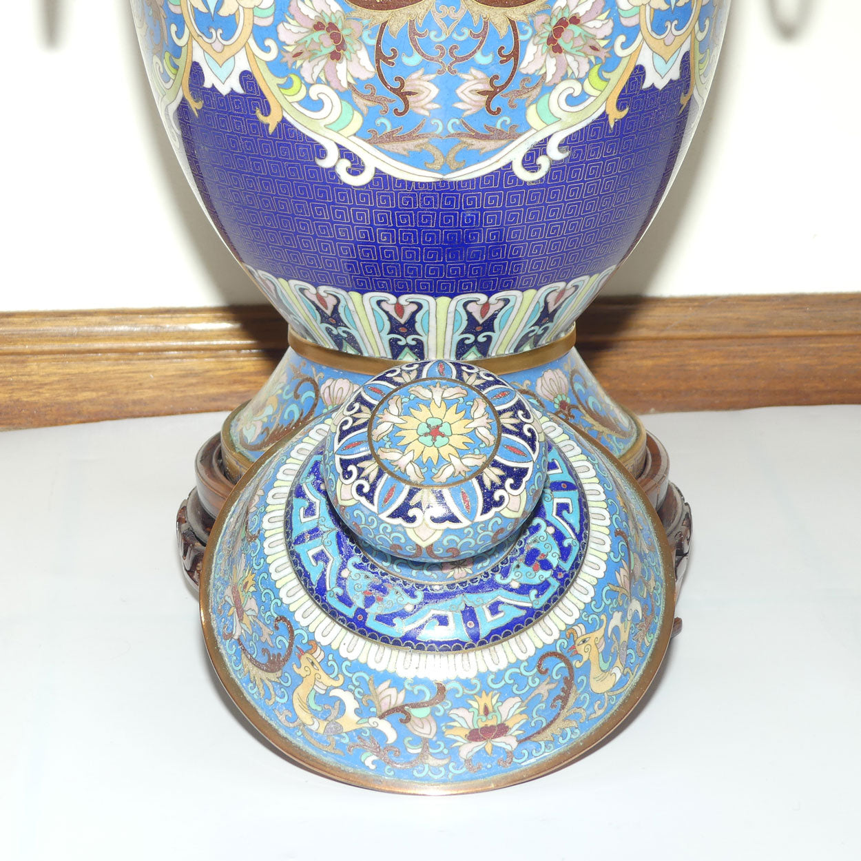 20th Century Chinese Cloisonne Gilt Bronze lidded urn with Elephant Handles | Sky Blue | 70cm tall