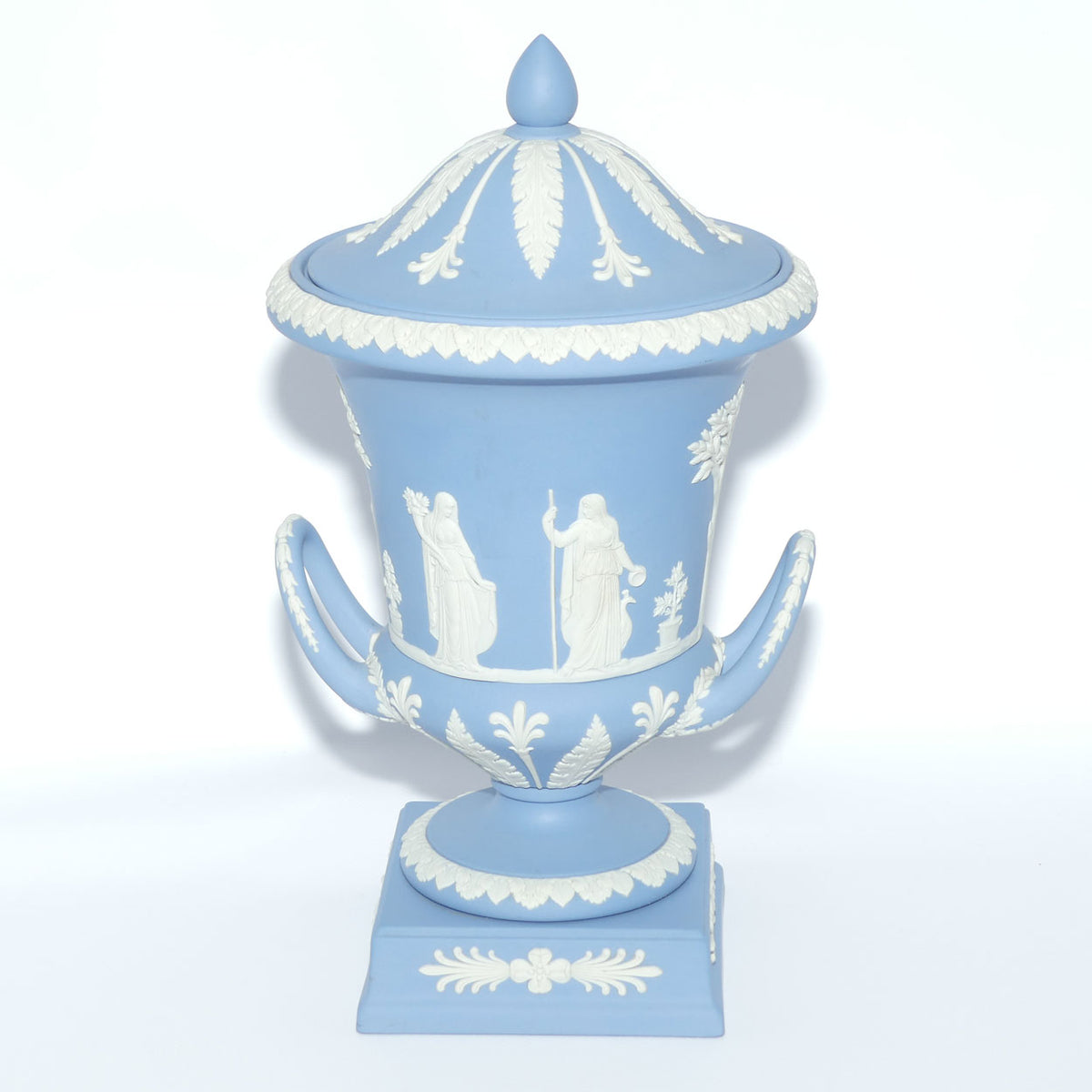 Wedgwood Jasper | White on Pale Blue | Maidens Campagna shape lidded urn | 31cm tall