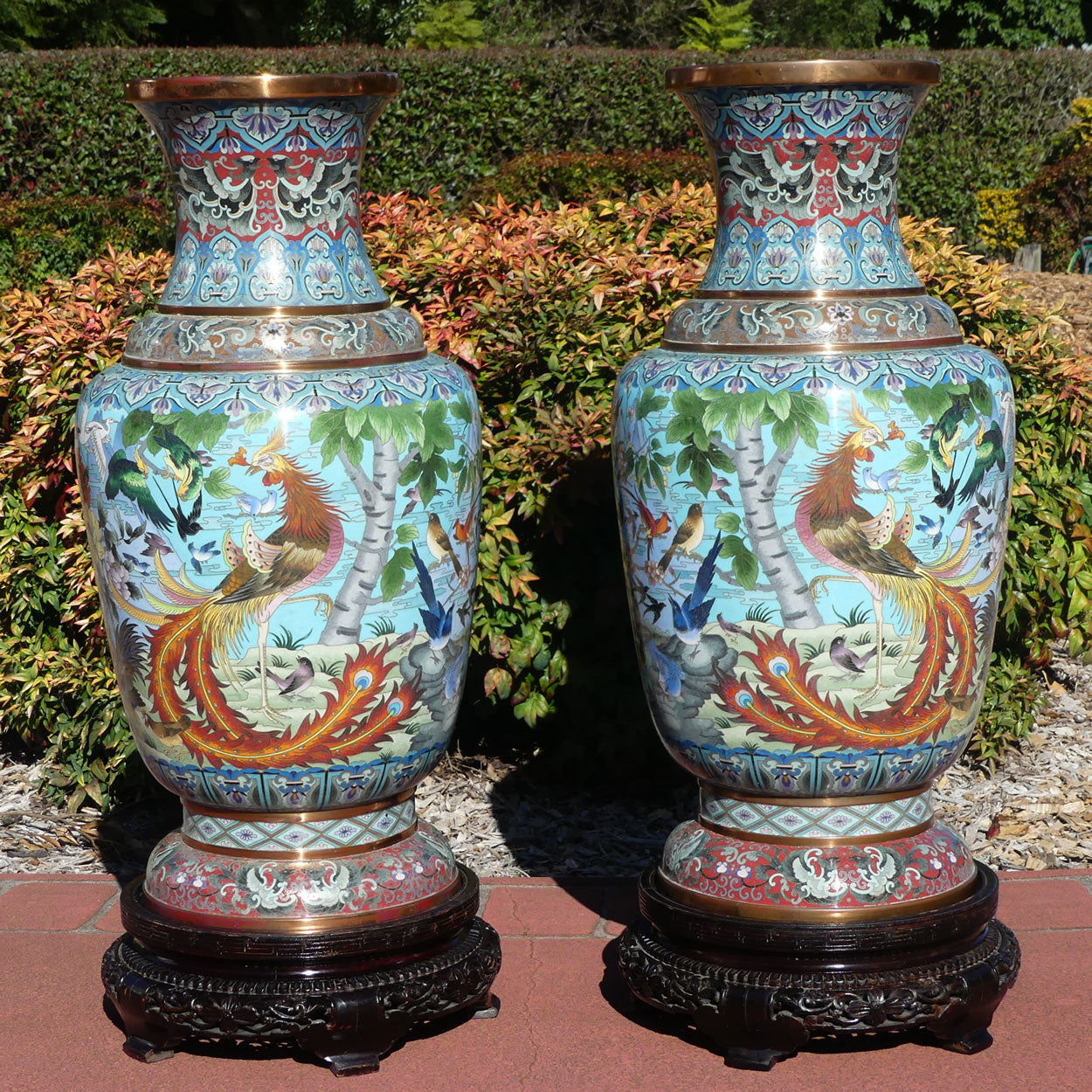 Pair of early 20th Century Chinese Cloisonne Floor vases on wooden stands | 90cm tall