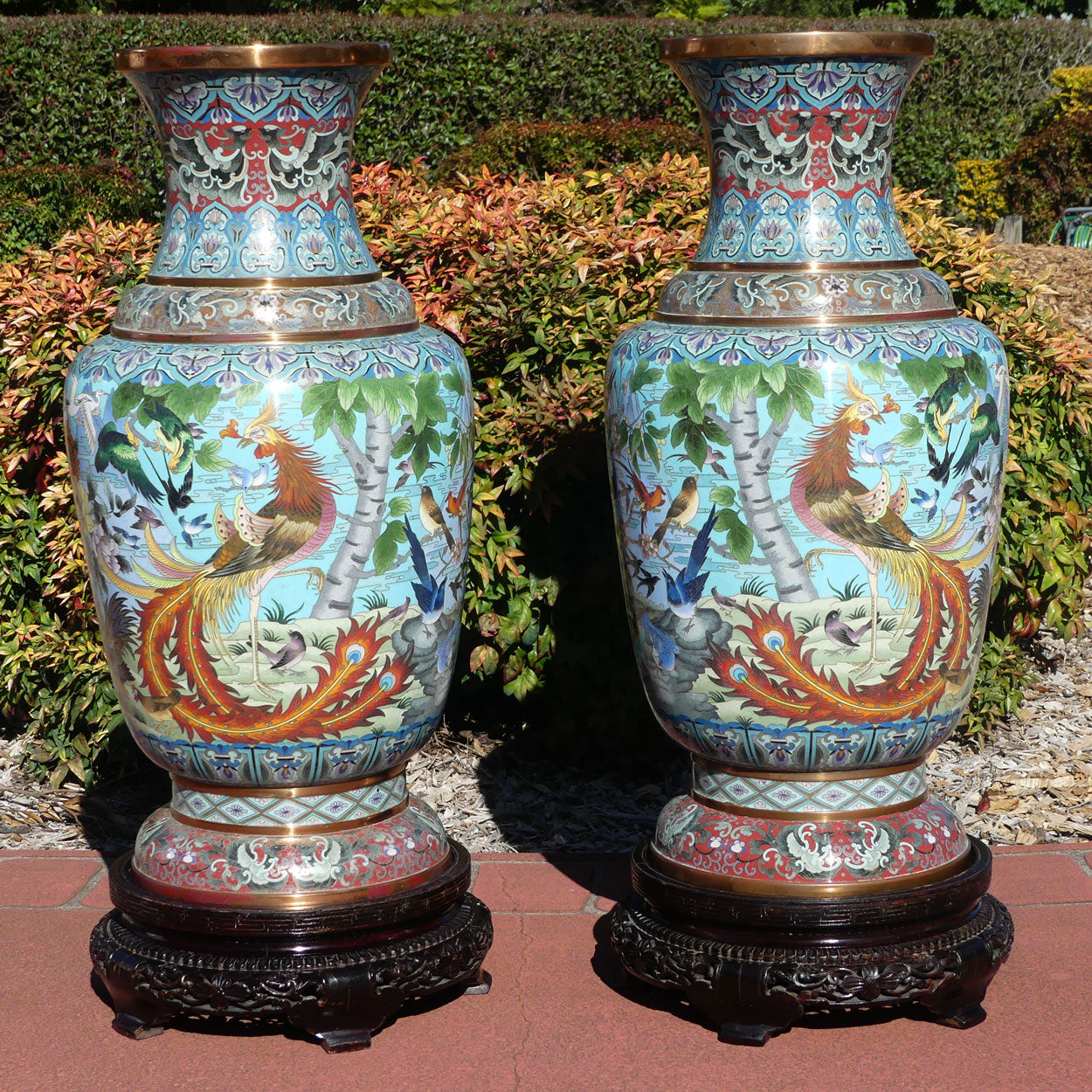 Pair of early 20th Century Chinese Cloisonne Floor vases on wooden stands | 90cm tall
