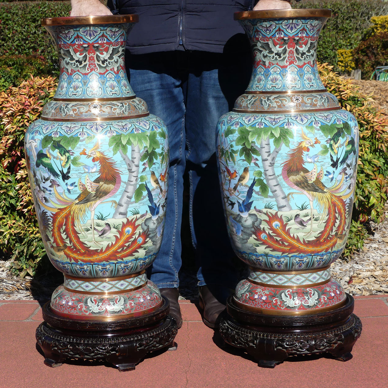 Pair of early 20th Century Chinese Cloisonne Floor vases on wooden stands | 90cm tall