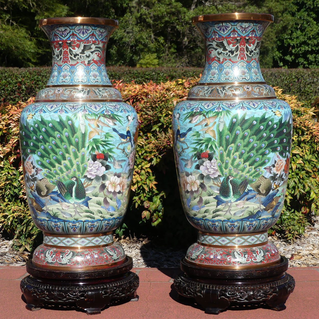 Pair of early 20th Century Chinese Cloisonne Floor vases on wooden stands | 90cm tall