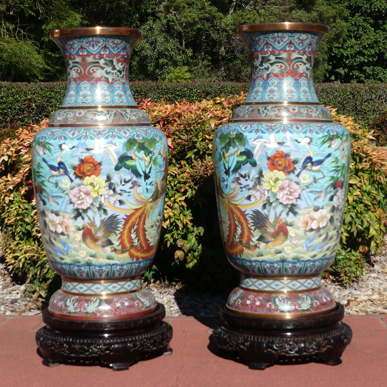Pair of early 20th Century Chinese Cloisonne Floor vases on wooden stands | 90cm tall