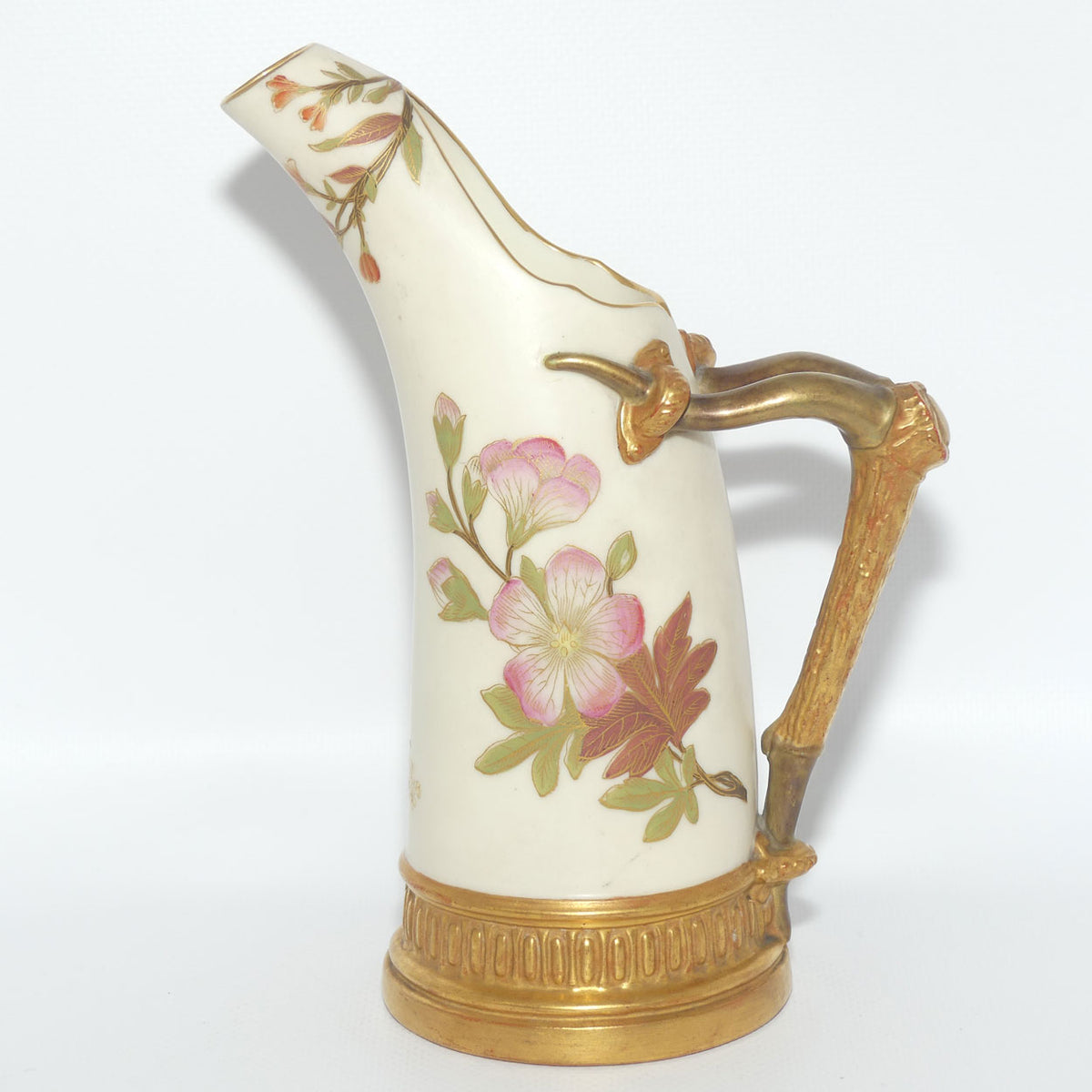 Royal Worcester Blush Ivory hand painted and gilt horn handle jug | Smaller, Dogwood Rose |