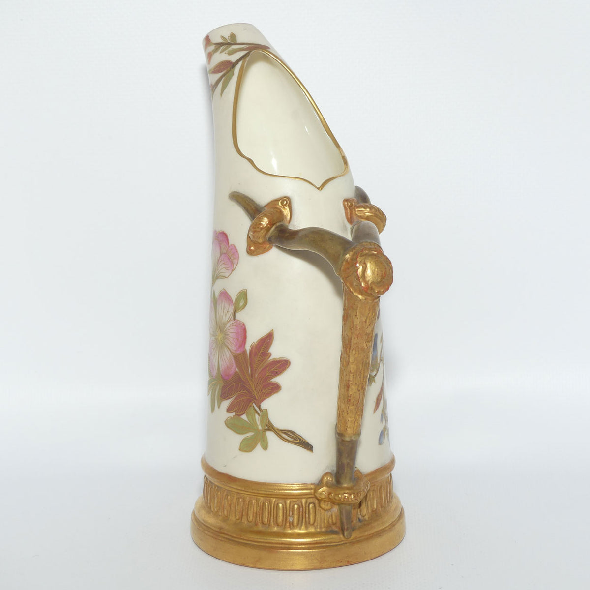 Royal Worcester Blush Ivory hand painted and gilt horn handle jug | Smaller, Dogwood Rose |