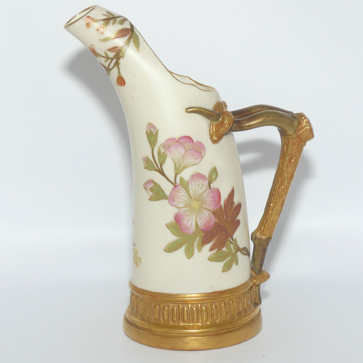 Royal Worcester Blush Ivory hand painted and gilt horn handle jug | Smaller, Dogwood Rose |
