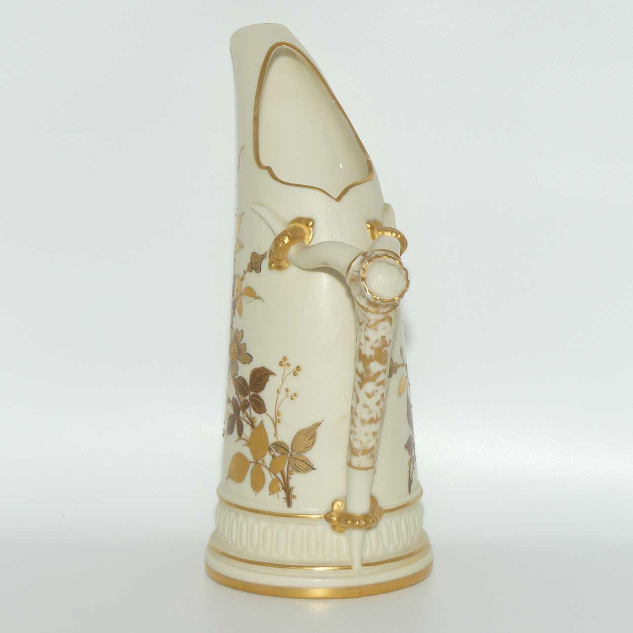 Royal Worcester Blush Ivory hand painted and gilt horn handle jug