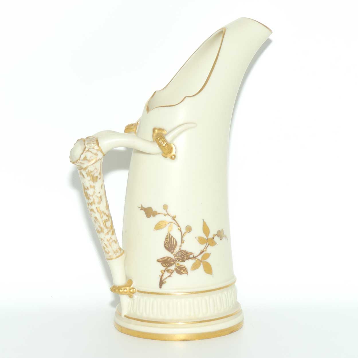 Royal Worcester Blush Ivory hand painted and gilt horn handle jug