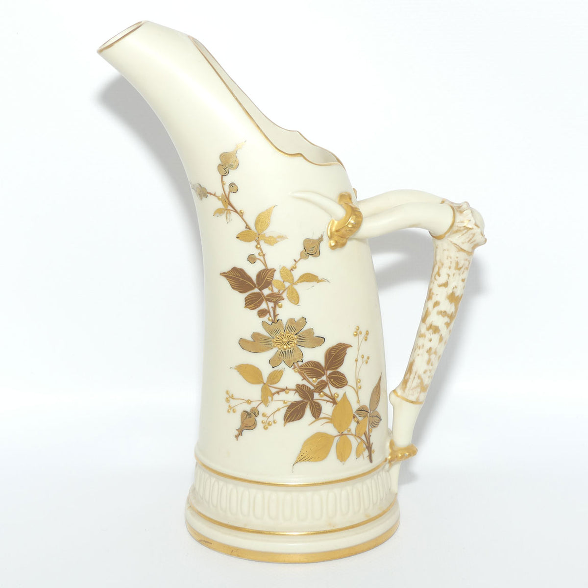 Royal Worcester Blush Ivory hand painted and gilt horn handle jug