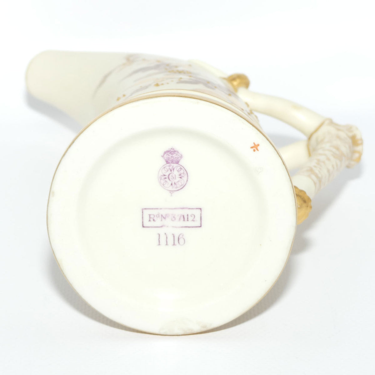 Royal Worcester Blush Ivory hand painted and gilt horn handle jug